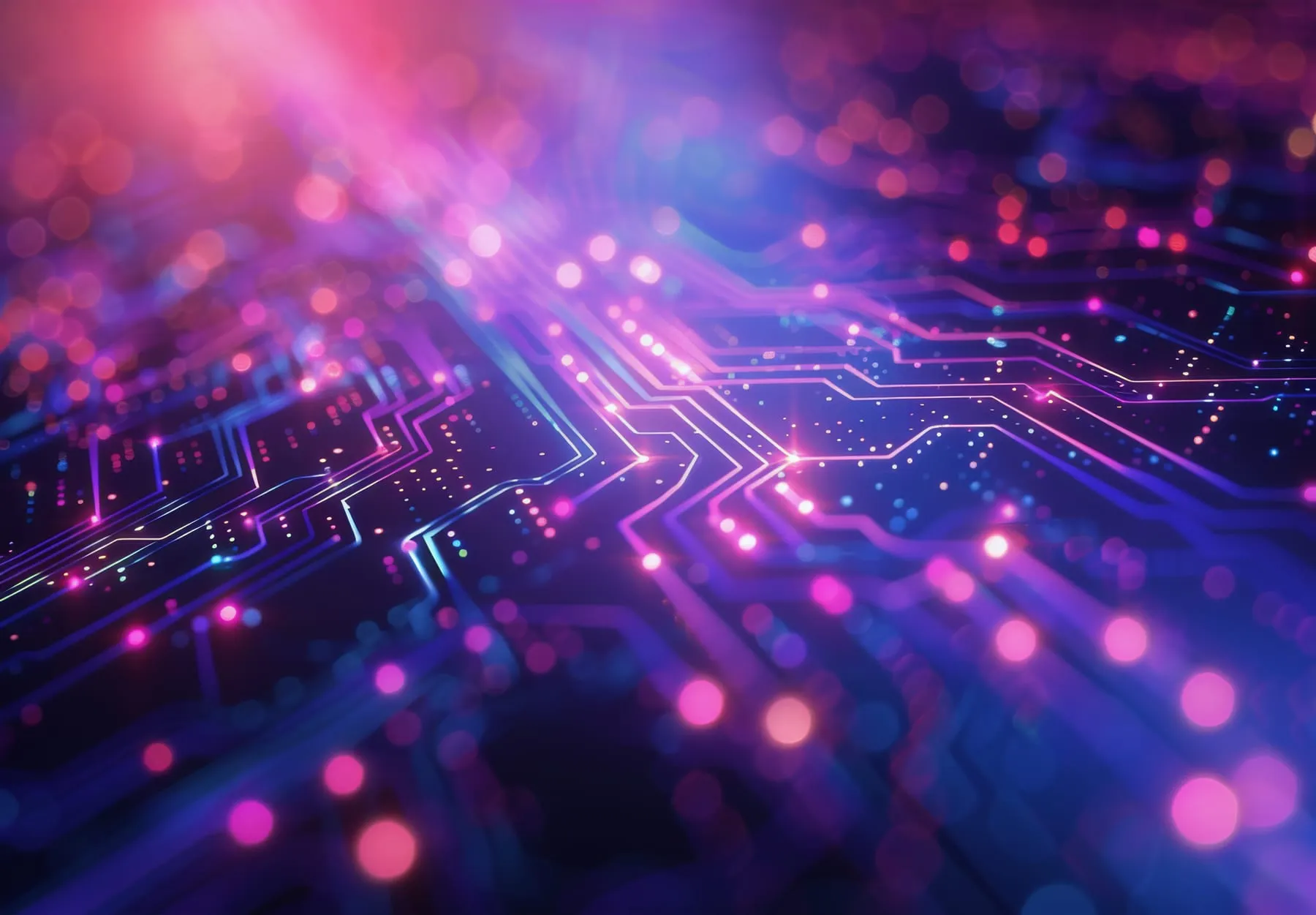Abstract purple blue circuit board with glowing lights
