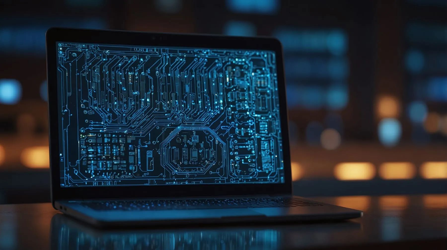 Futuristic laptop displaying complex digital circuit board design dark tech environment