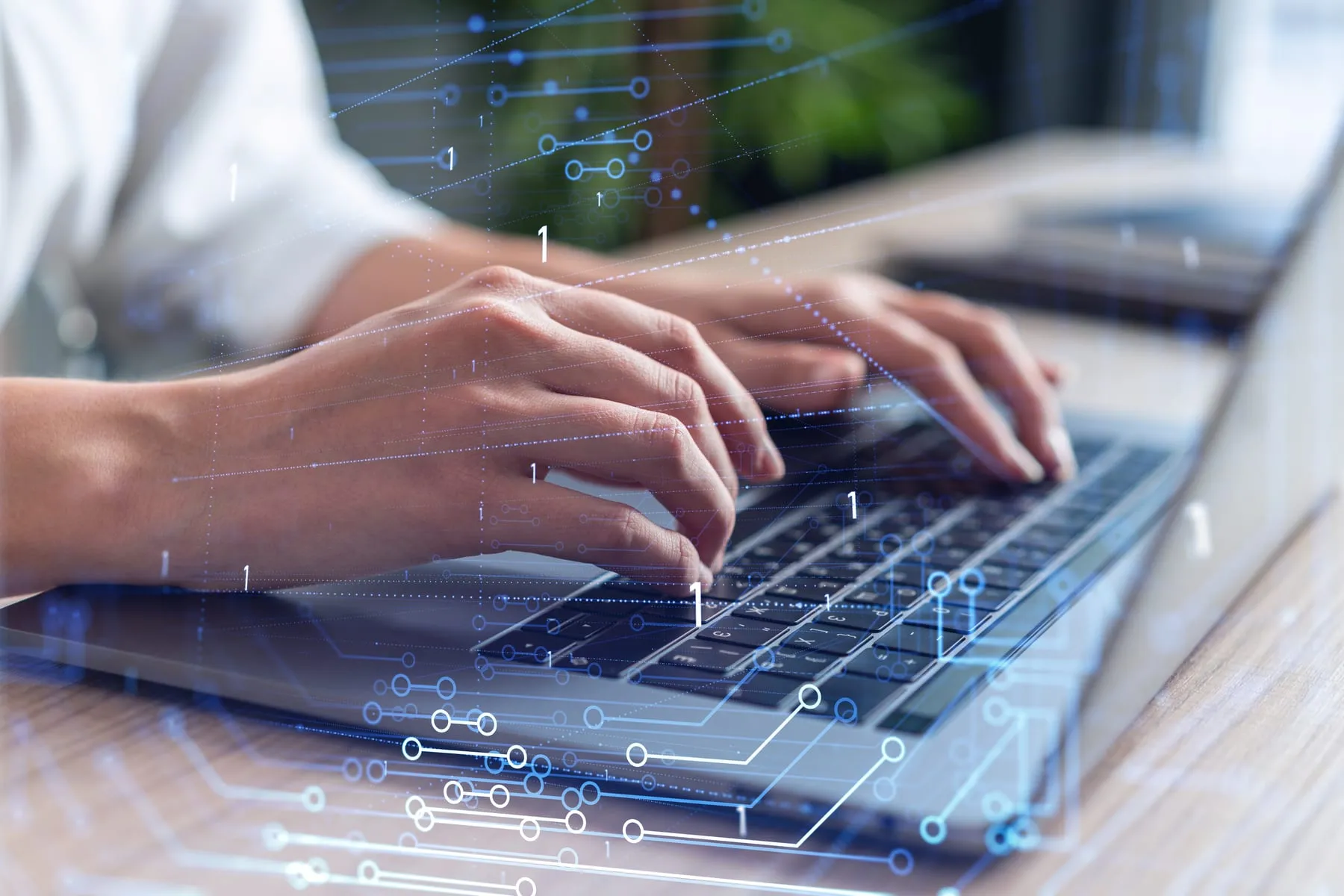 Woman typing keyboard create innovative software change world provide completely new service close up shot hologram tech graphs