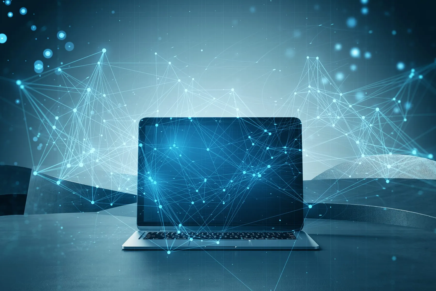 Close up laptop computer with glowing blue polygonal mesh interface blurry desktop background technology network