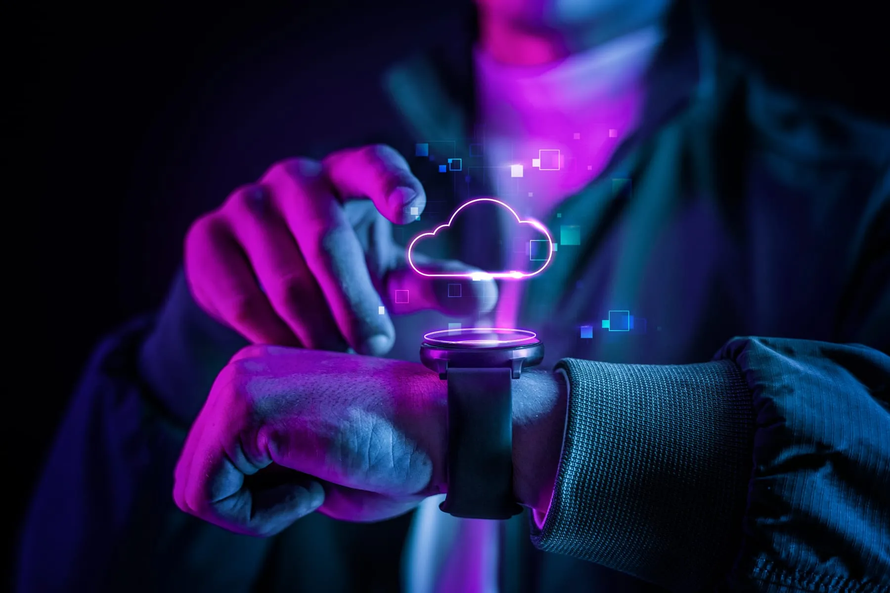 Cloud technology with futuristic hologram smartwatch