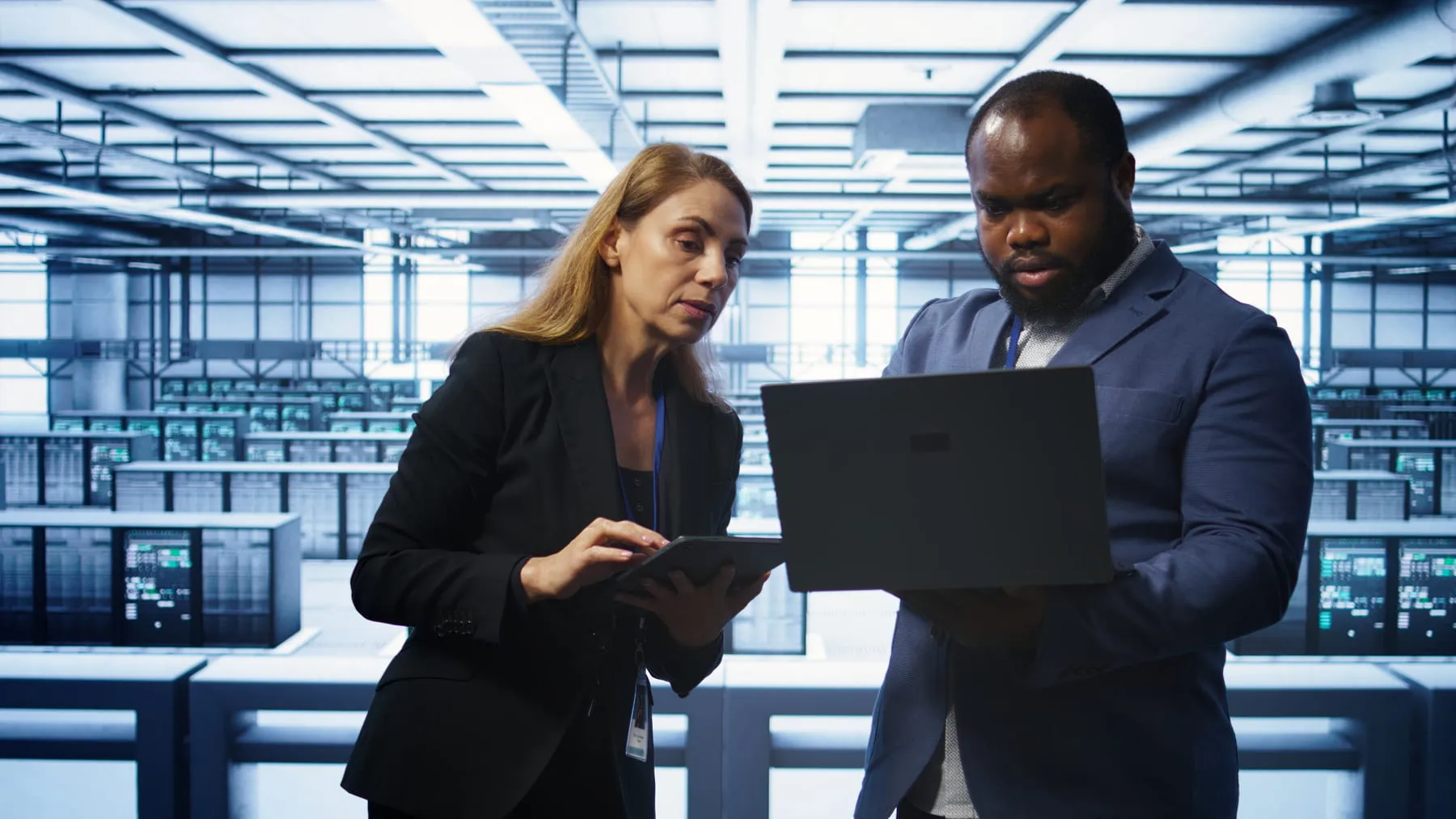 Coworkers data center doing brainstorming fixing errors