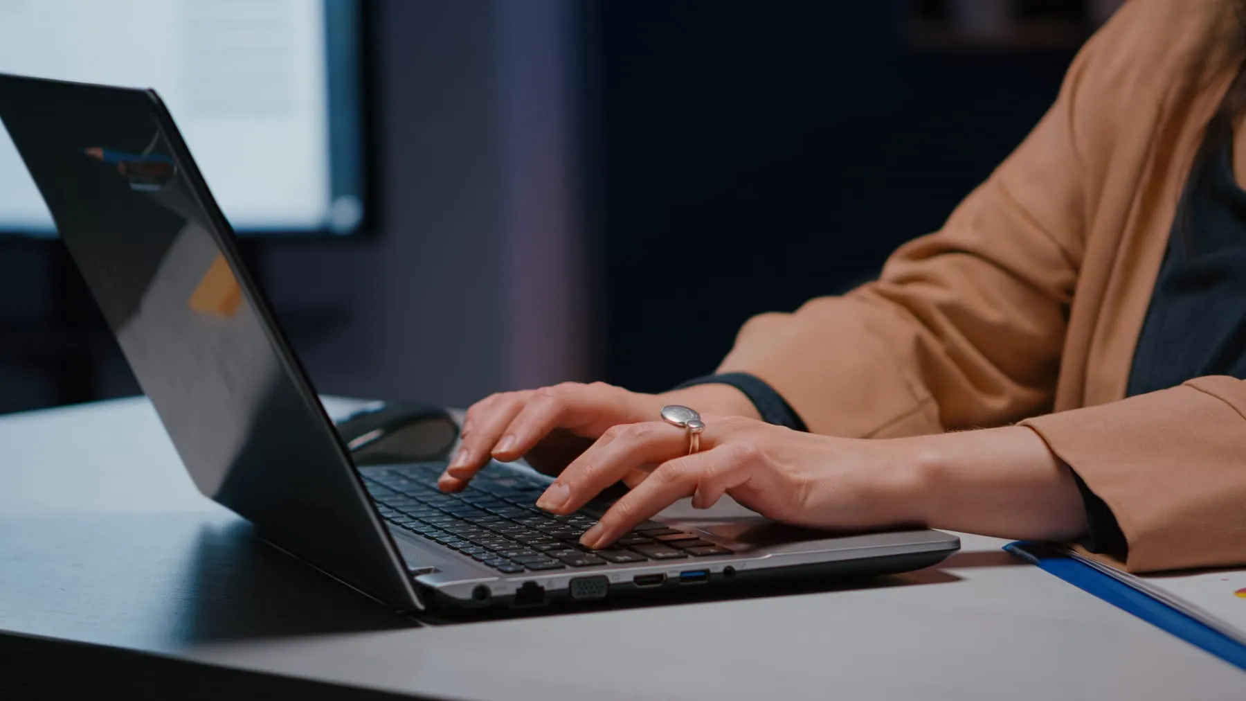 Close up businesswoman hands keyboard sitting desk startup company office planning economic project internet executive manager typing financial