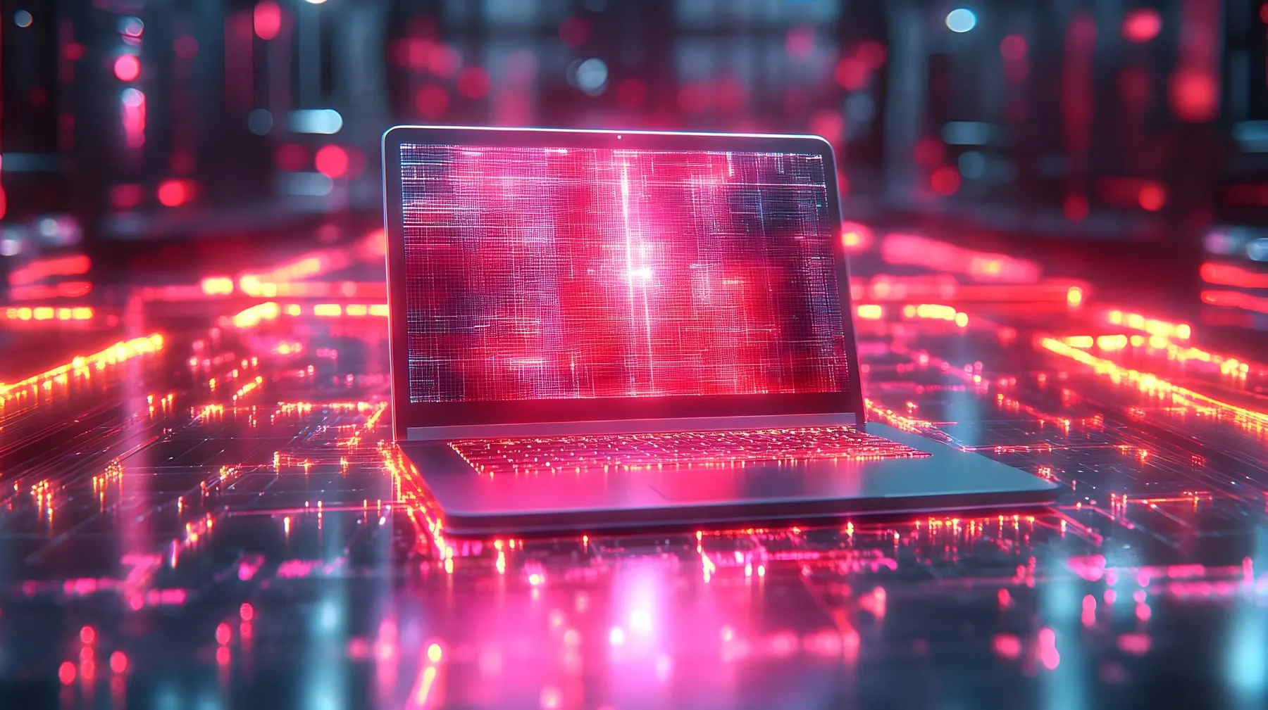 Glowing holographic 3d icon home office with laptop abstract elements tech driven setup with s