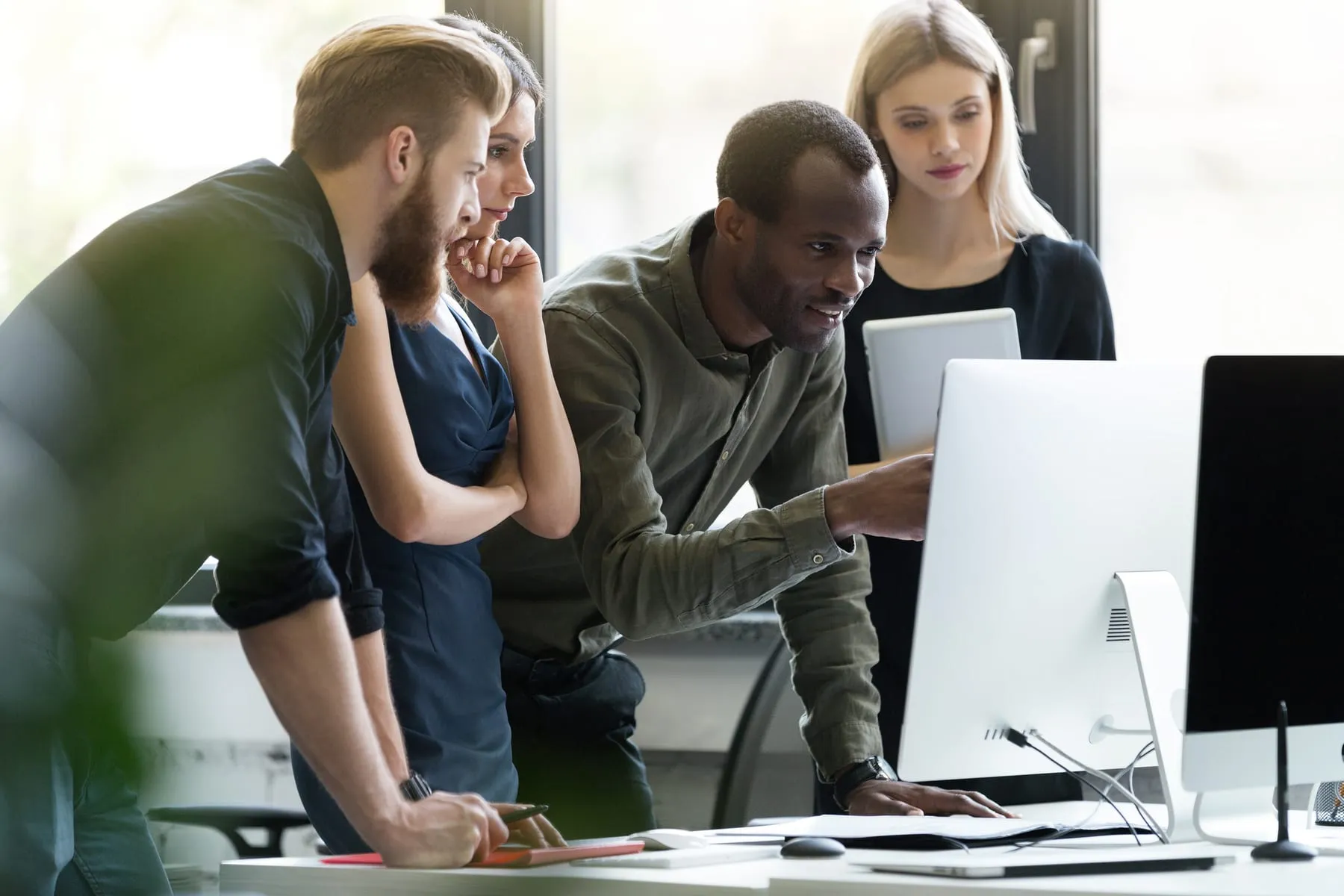 Group young businesspeople meeting office