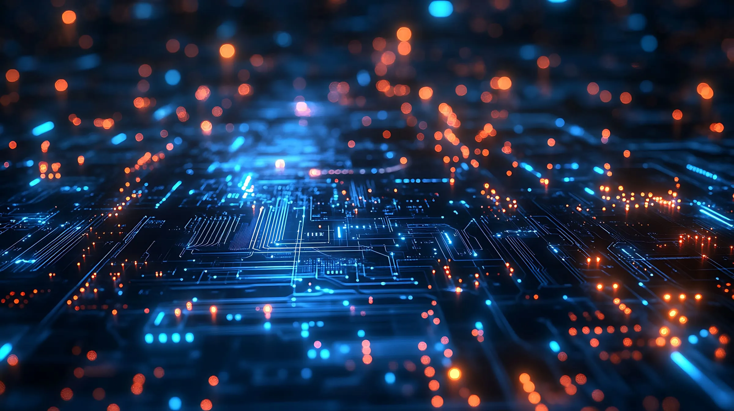 Abstract digital circuitry flow forming a tech landscape