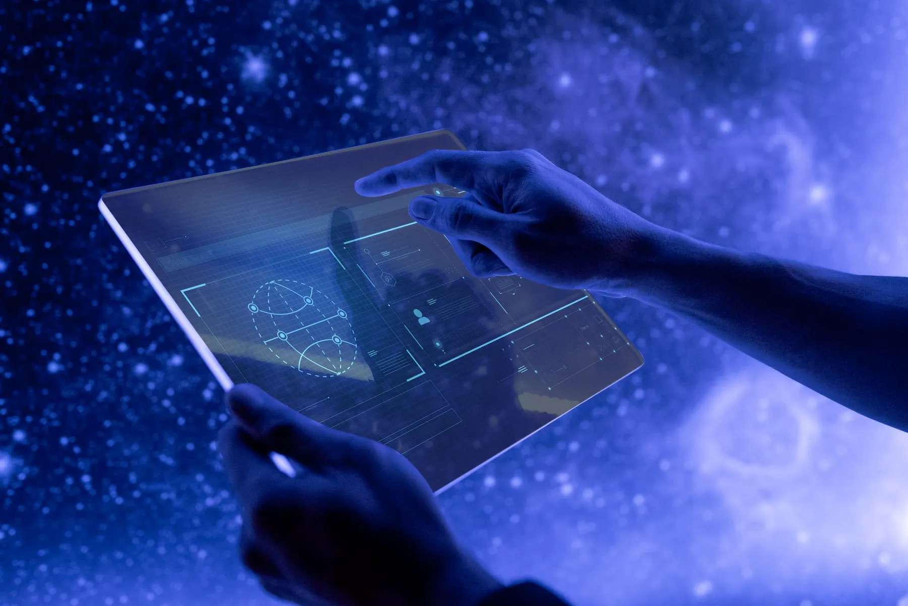 Researcher using transparent digital tablet screen futuristic technology