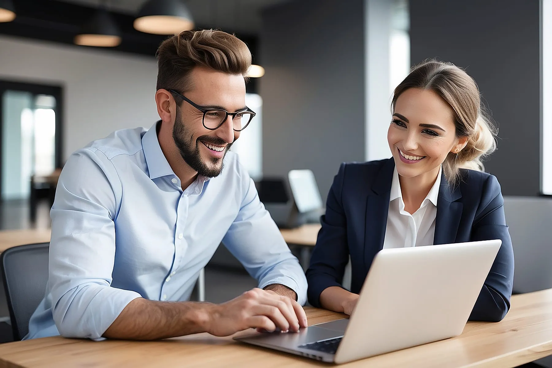 Two smiling professional business people talking using laptop computer working office happy colleagues entrepreneurs team man woman discussing
